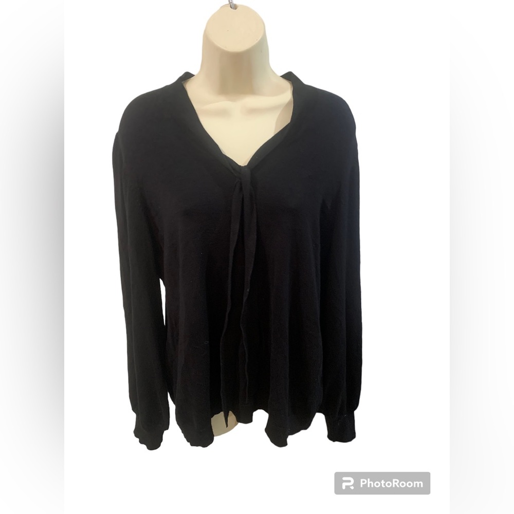 Adrianna Papell Womens Black Tie Neck Knit Sweater V Neck Long Sleeves XL